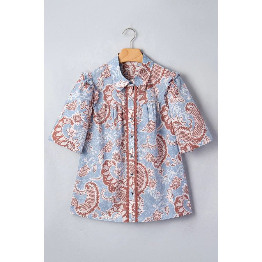 Floral Print Scalloped Trim Button Down Short Sleeve Shirt Apparel and Accessories