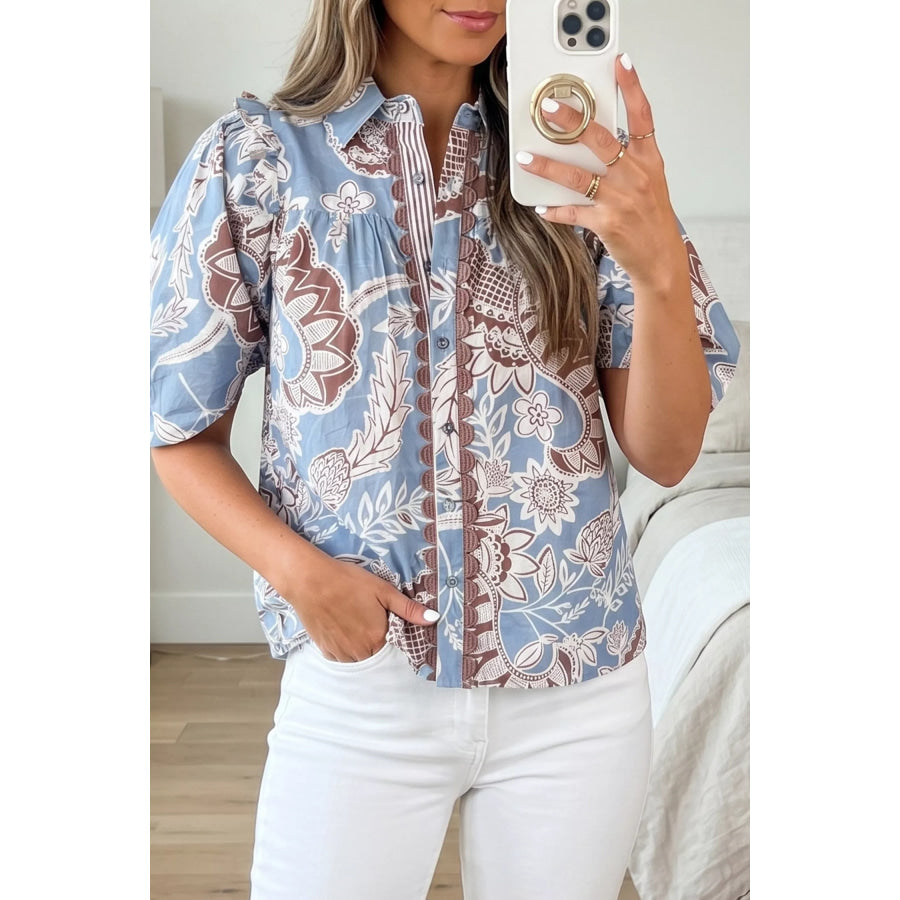 Floral Print Scalloped Trim Button Down Short Sleeve Shirt Floral / S Apparel and Accessories