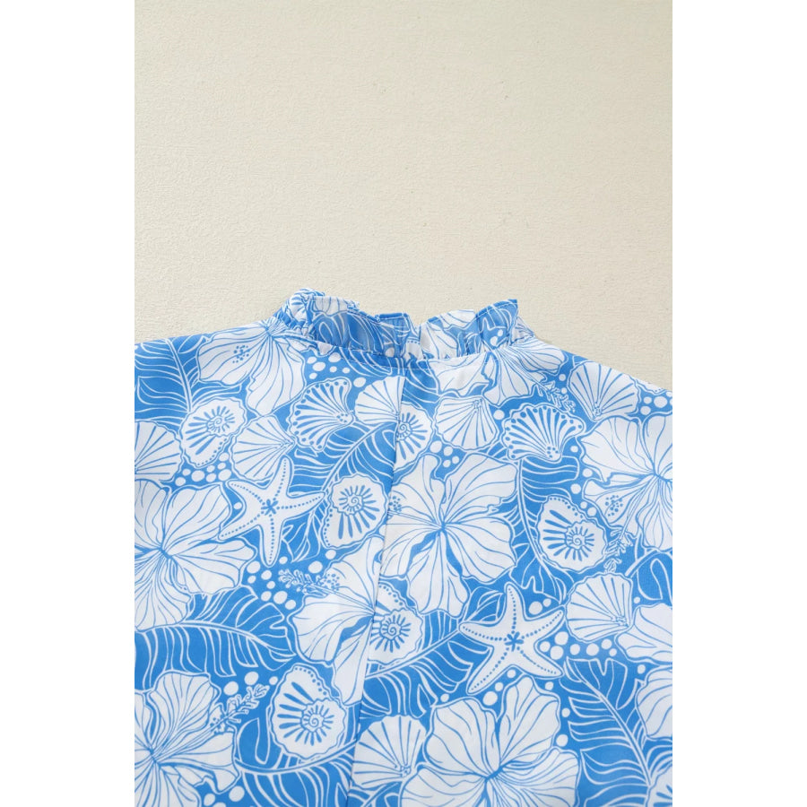 Floral Print Scalloped Trim V Neck Short Sleeve Blouse Apparel and Accessories