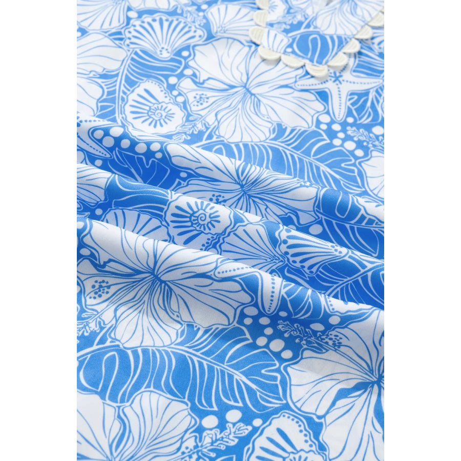 Floral Print Scalloped Trim V Neck Short Sleeve Blouse Apparel and Accessories