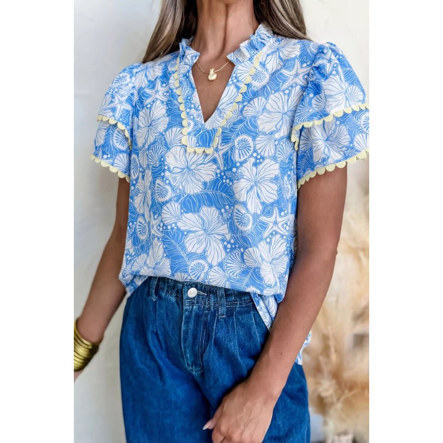 Floral Print Scalloped Trim V Neck Short Sleeve Blouse Apparel and Accessories