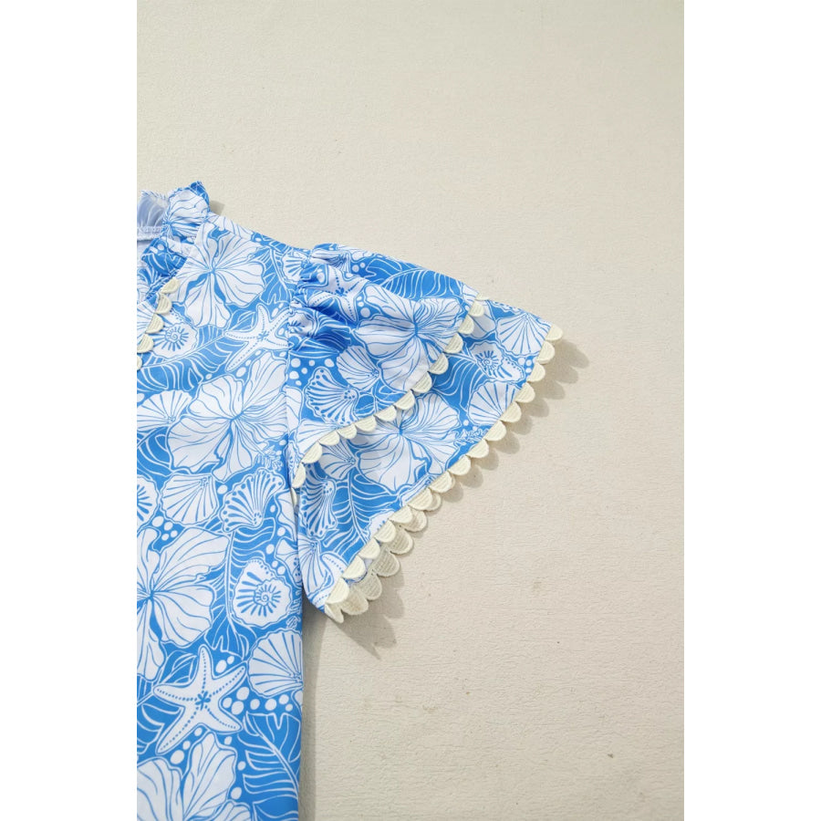 Floral Print Scalloped Trim V Neck Short Sleeve Blouse Apparel and Accessories
