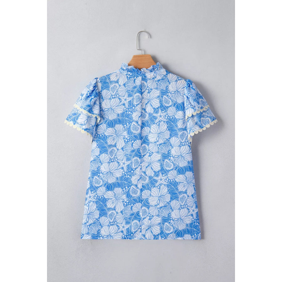 Floral Print Scalloped Trim V Neck Short Sleeve Blouse Apparel and Accessories
