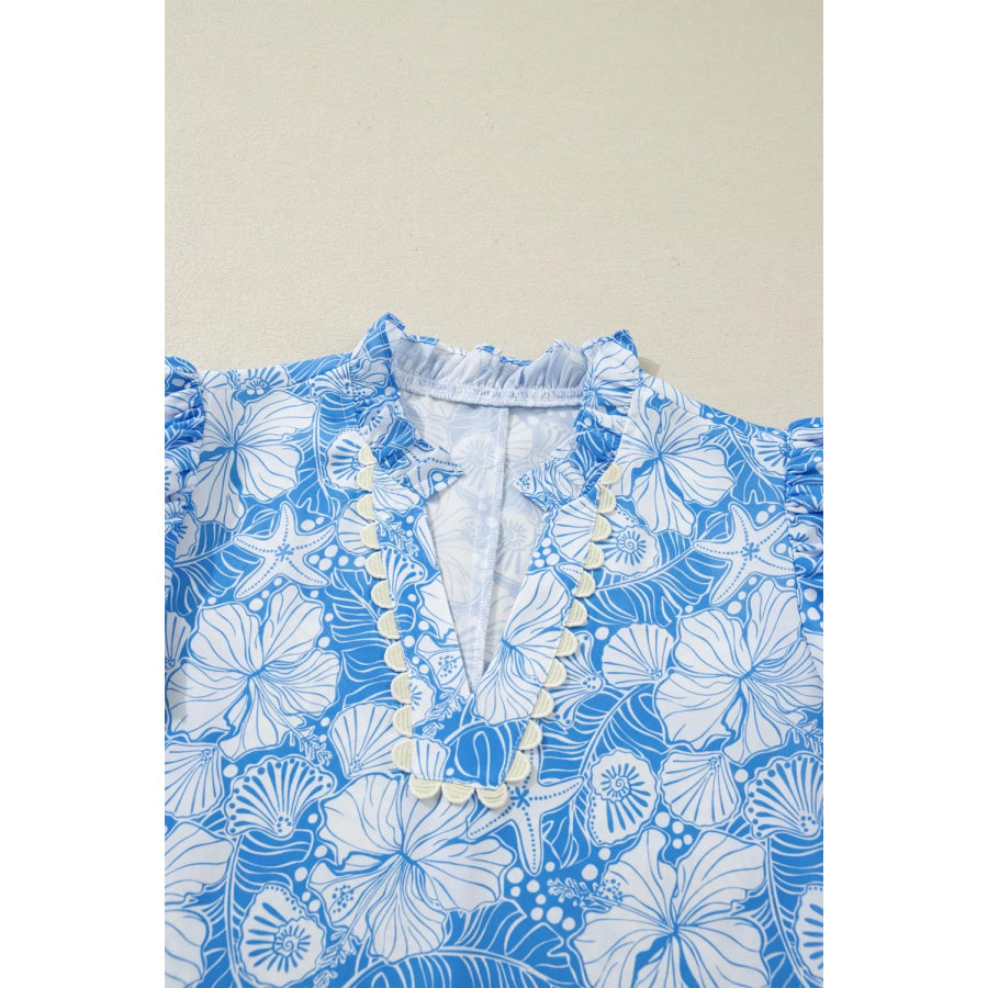Floral Print Scalloped Trim V Neck Short Sleeve Blouse Apparel and Accessories