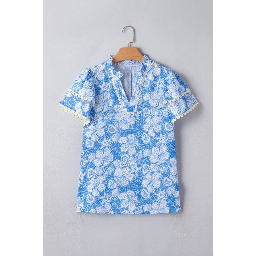 Floral Print Scalloped Trim V Neck Short Sleeve Blouse Apparel and Accessories