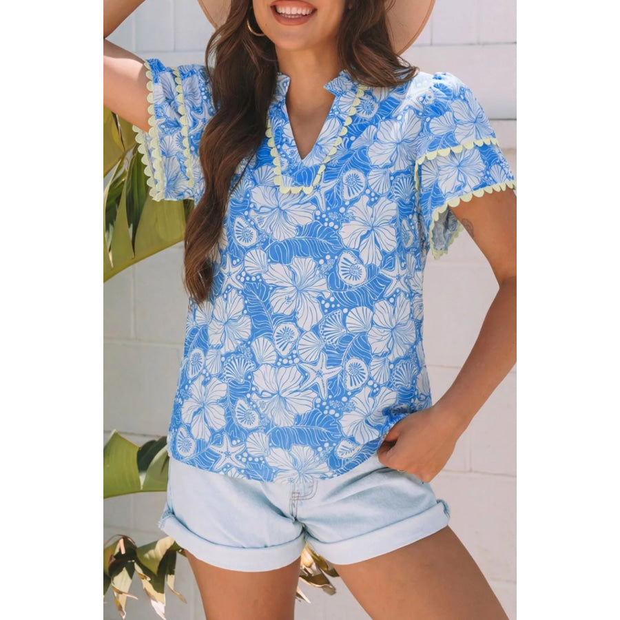 Floral Print Scalloped Trim V Neck Short Sleeve Blouse Light Blue / S Apparel and Accessories