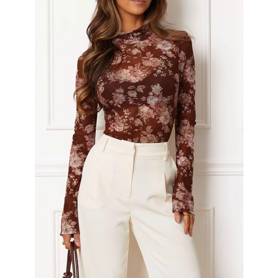 Floral Print Sheer Mesh Long Sleeve Mock Neck Top Apparel and Accessories