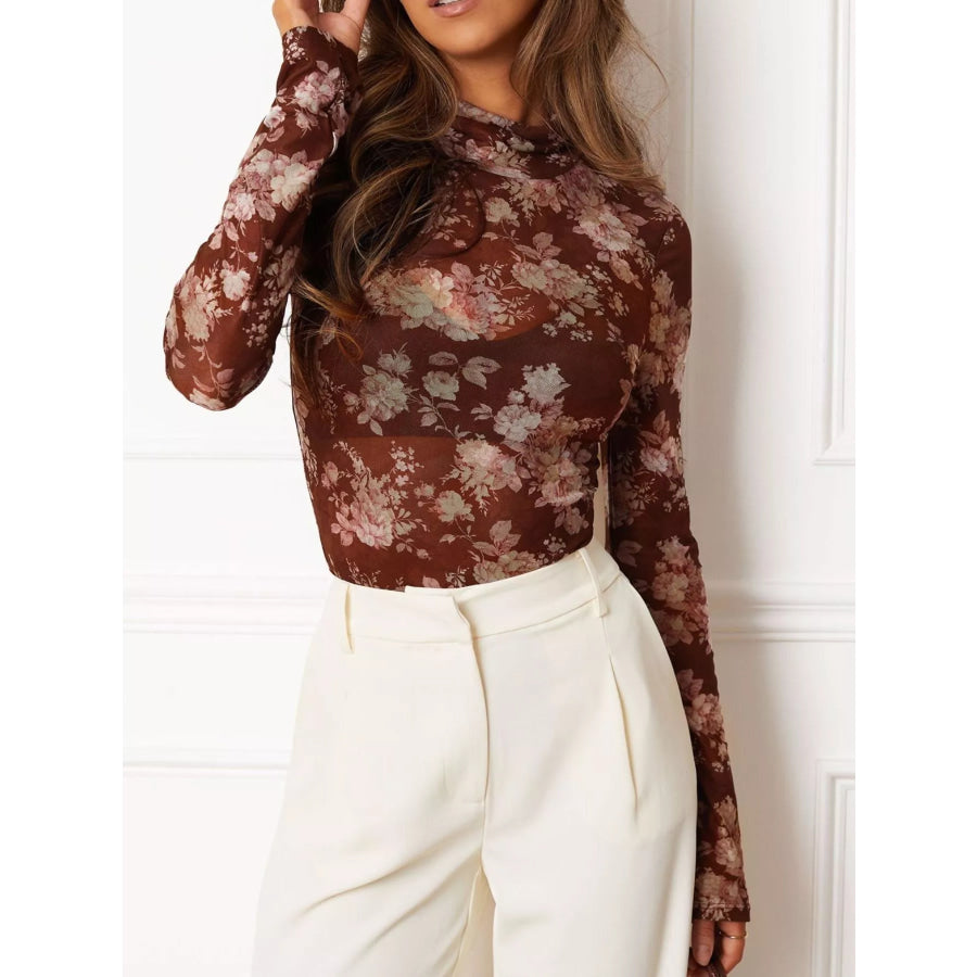 Floral Print Sheer Mesh Long Sleeve Mock Neck Top Apparel and Accessories