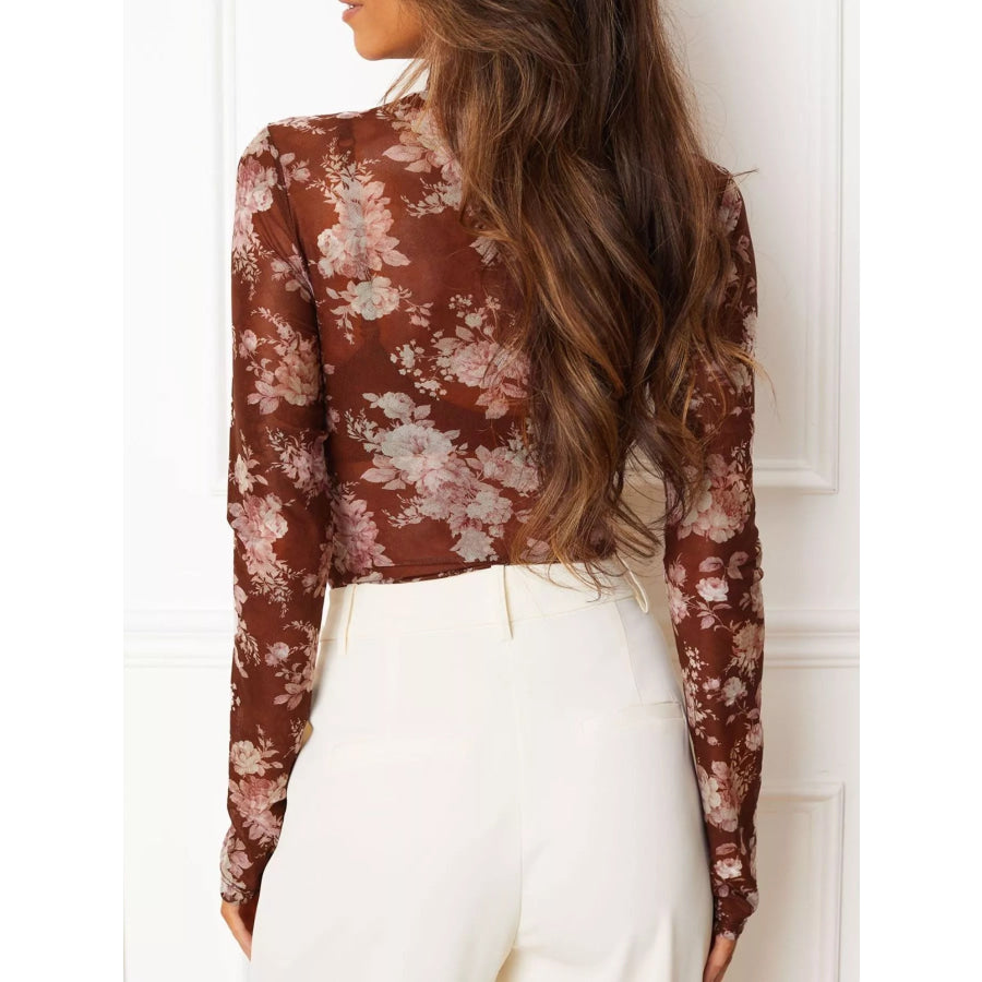 Floral Print Sheer Mesh Long Sleeve Mock Neck Top Apparel and Accessories