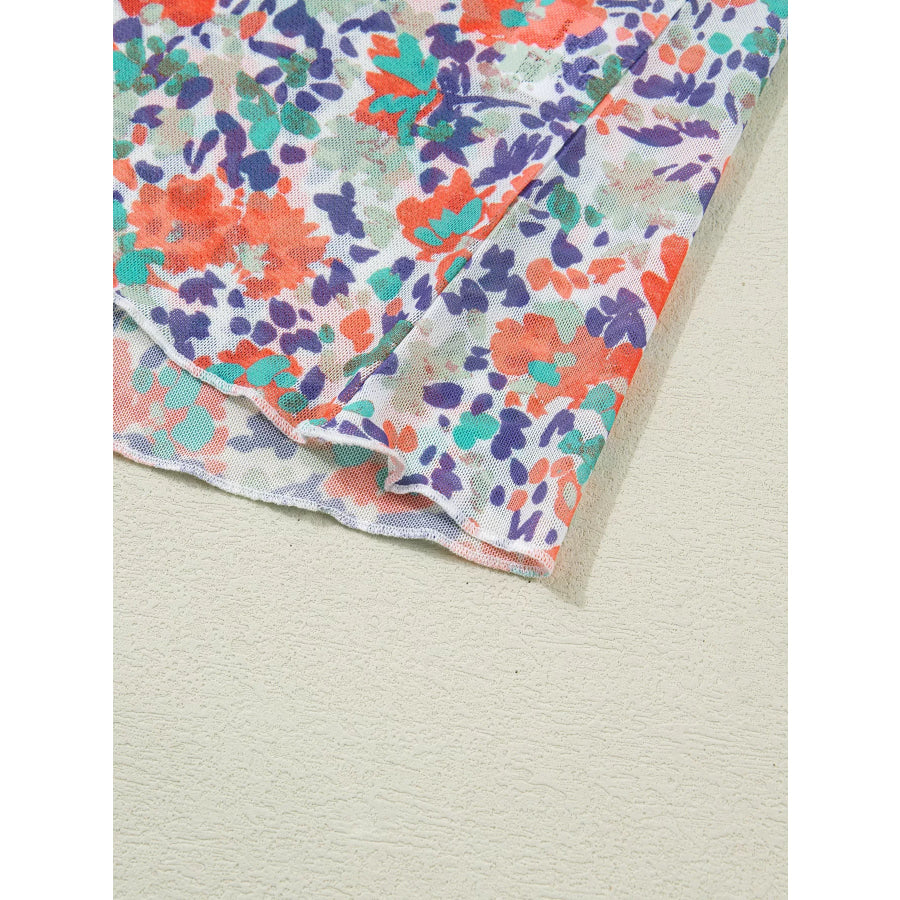 Floral Print Sheer Mesh Long Sleeve Mock Neck Top Apparel and Accessories