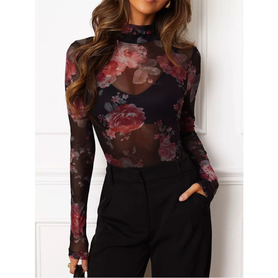 Floral Print Sheer Mesh Long Sleeve Mock Neck Top Apparel and Accessories