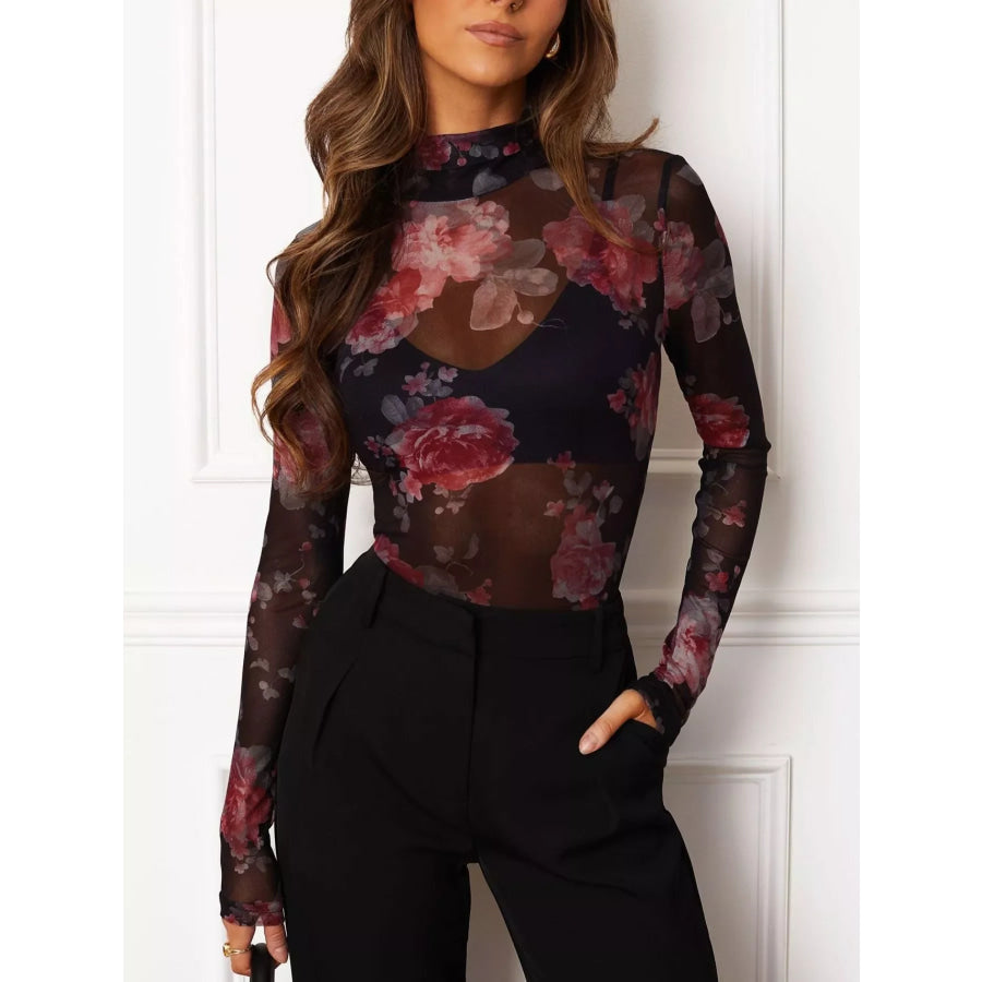 Floral Print Sheer Mesh Long Sleeve Mock Neck Top Apparel and Accessories