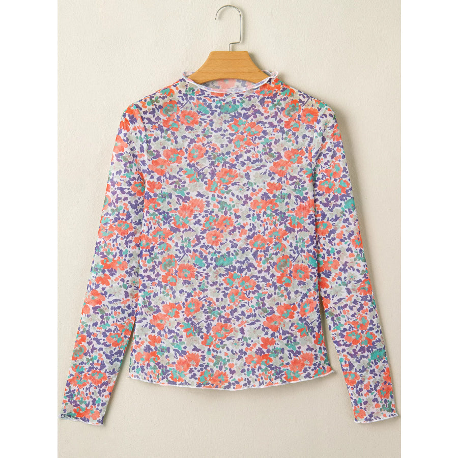 Floral Print Sheer Mesh Long Sleeve Mock Neck Top Apparel and Accessories