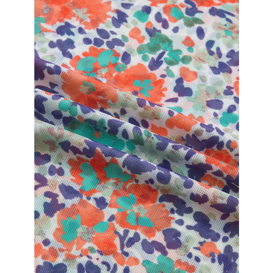 Floral Print Sheer Mesh Long Sleeve Mock Neck Top Apparel and Accessories