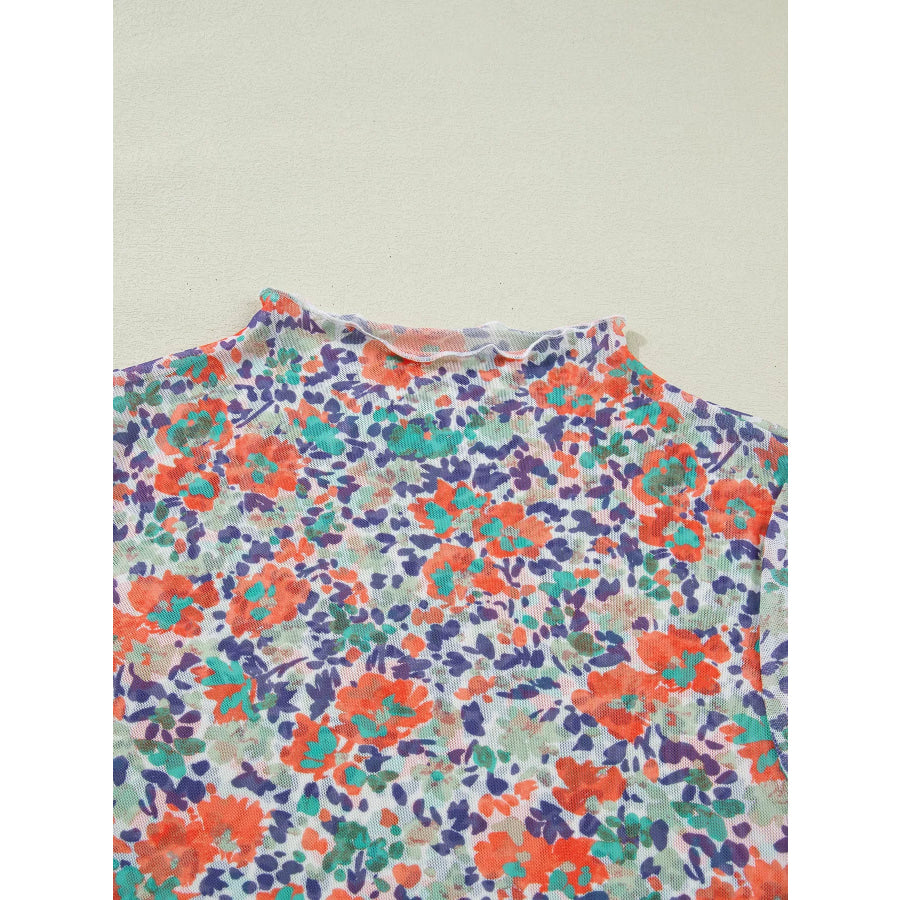 Floral Print Sheer Mesh Long Sleeve Mock Neck Top Apparel and Accessories