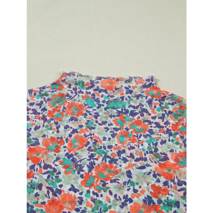 Floral Print Sheer Mesh Long Sleeve Mock Neck Top Apparel and Accessories
