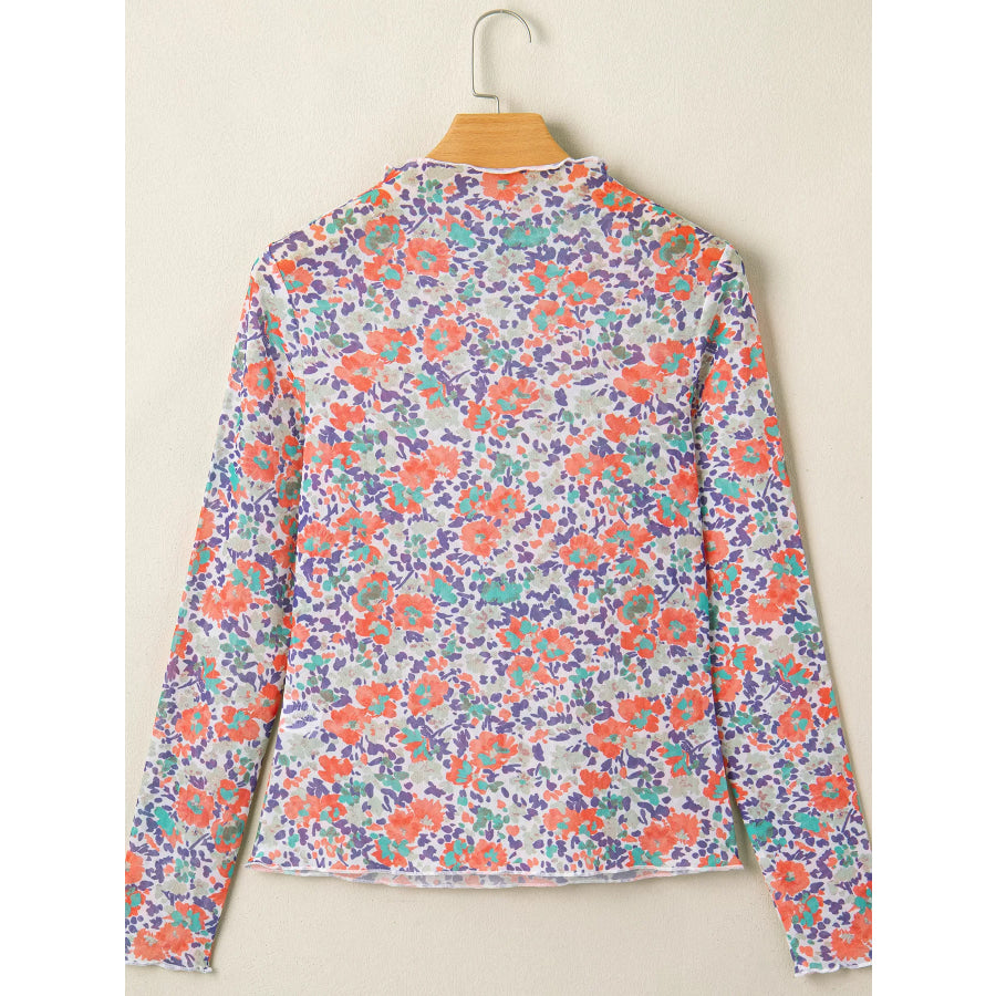 Floral Print Sheer Mesh Long Sleeve Mock Neck Top Apparel and Accessories
