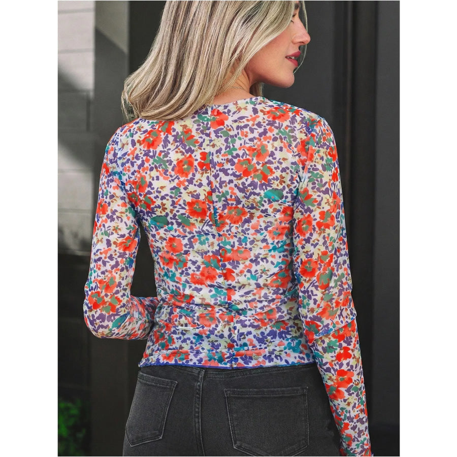 Floral Print Sheer Mesh Long Sleeve Mock Neck Top Apparel and Accessories