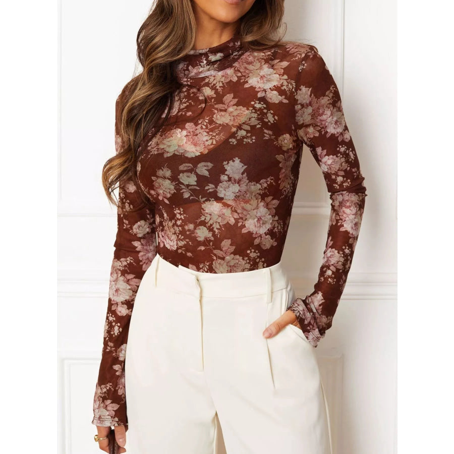 Floral Print Sheer Mesh Long Sleeve Mock Neck Top Apparel and Accessories