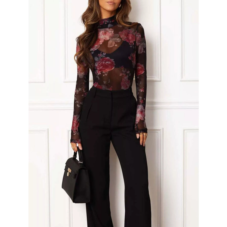 Floral Print Sheer Mesh Long Sleeve Mock Neck Top Apparel and Accessories