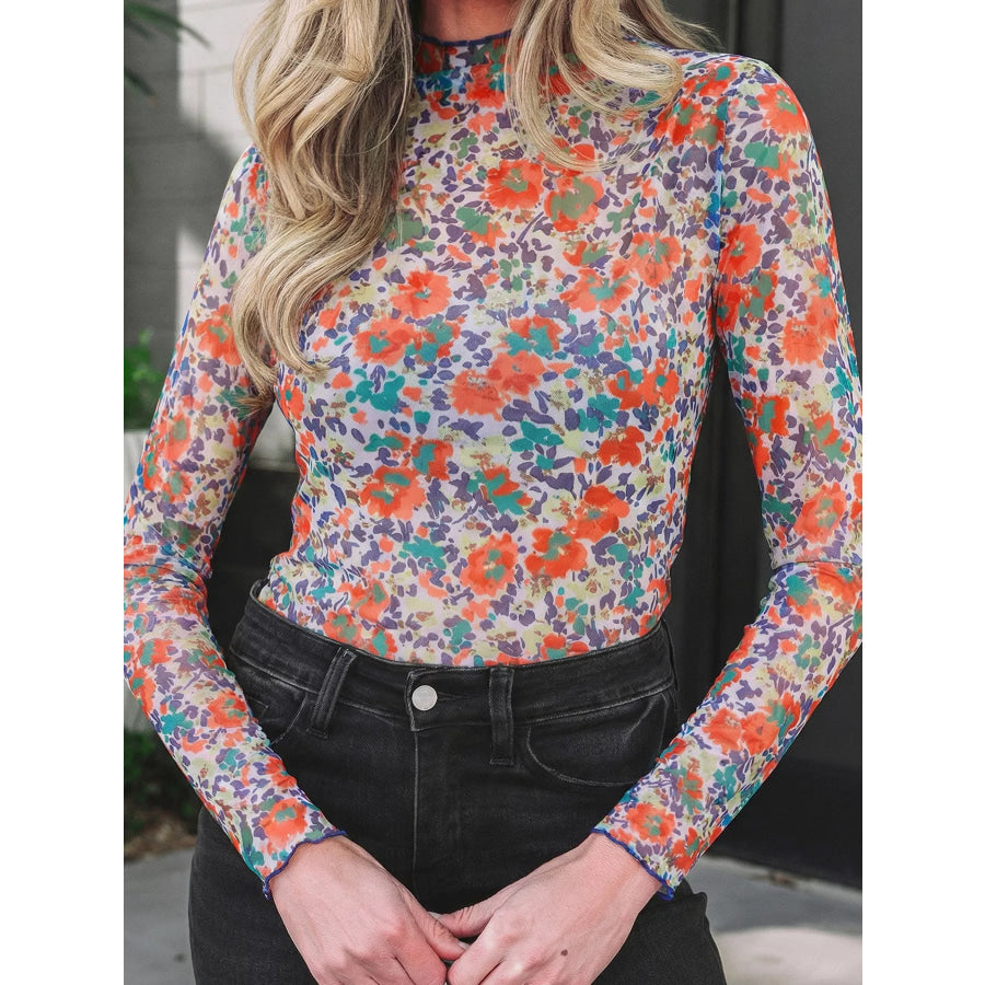 Floral Print Sheer Mesh Long Sleeve Mock Neck Top Apparel and Accessories