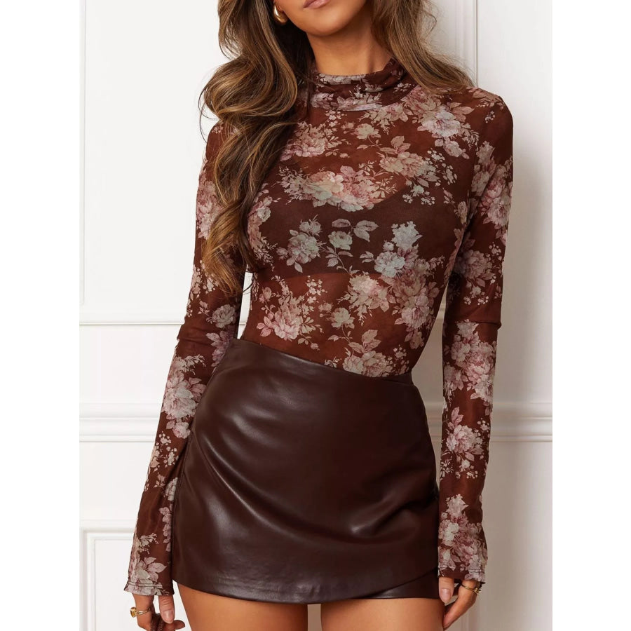 Floral Print Sheer Mesh Long Sleeve Mock Neck Top Brown / S Apparel and Accessories