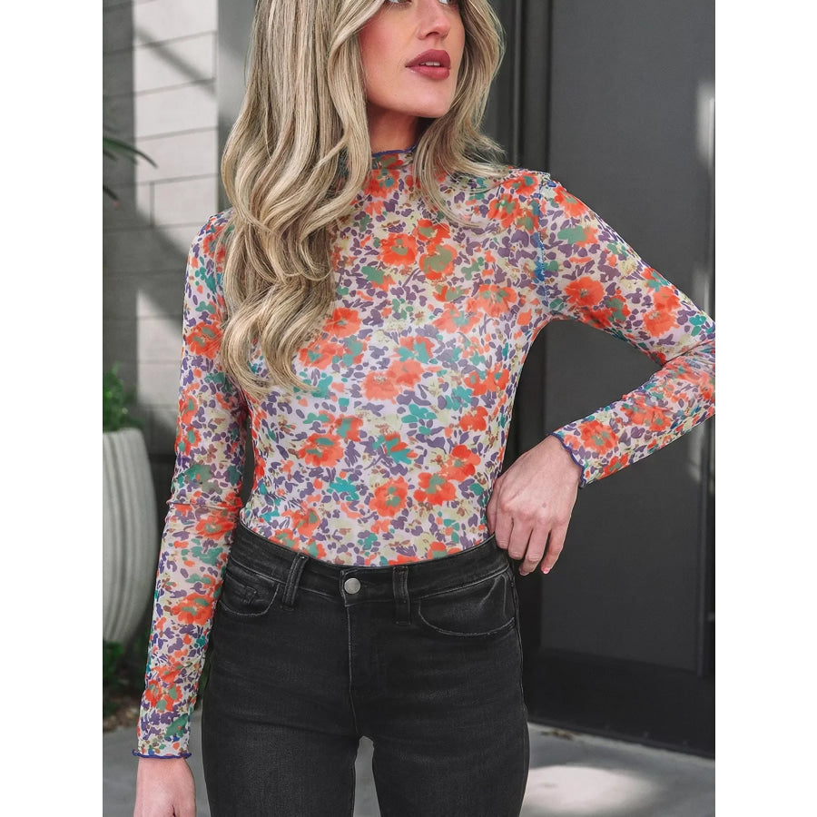 Floral Print Sheer Mesh Long Sleeve Mock Neck Top / S Apparel and Accessories
