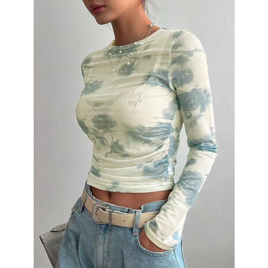 Floral Print Sheer Mesh Long Sleeve T-Shirt Apparel and Accessories