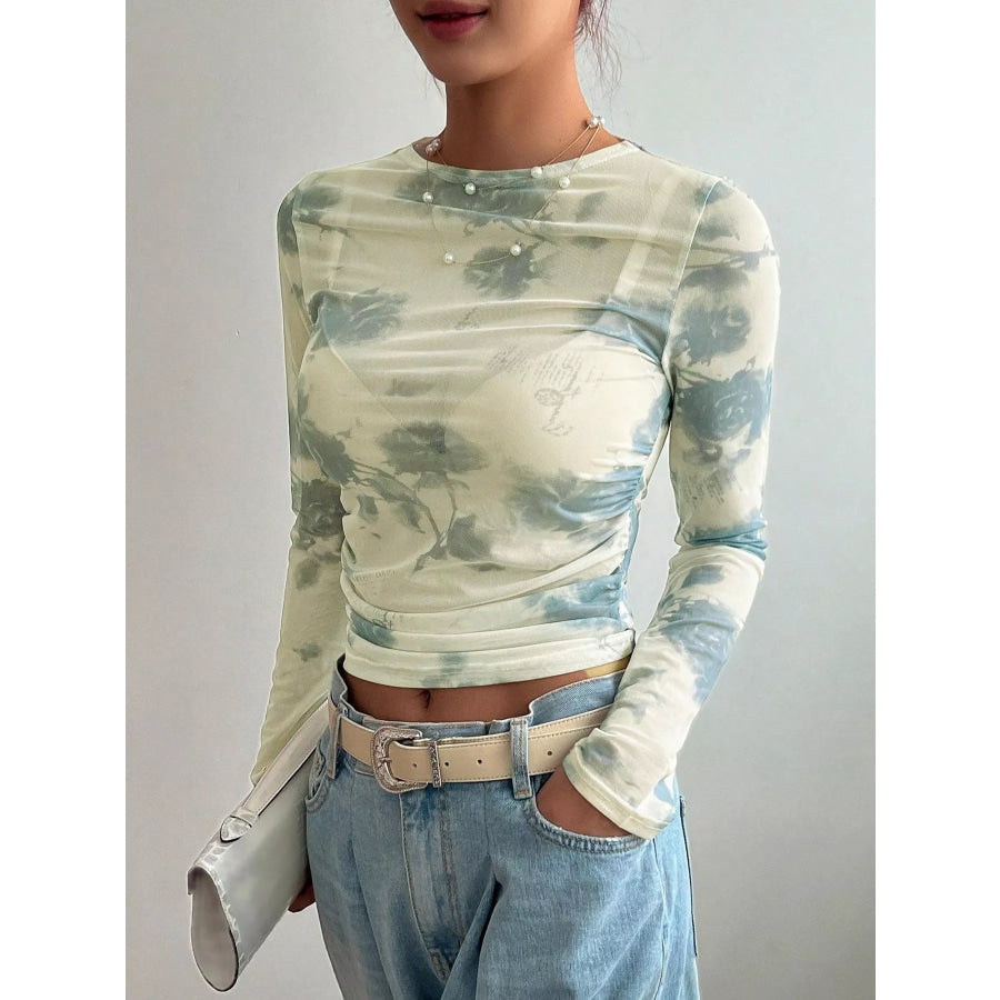 Floral Print Sheer Mesh Long Sleeve T-Shirt Apparel and Accessories
