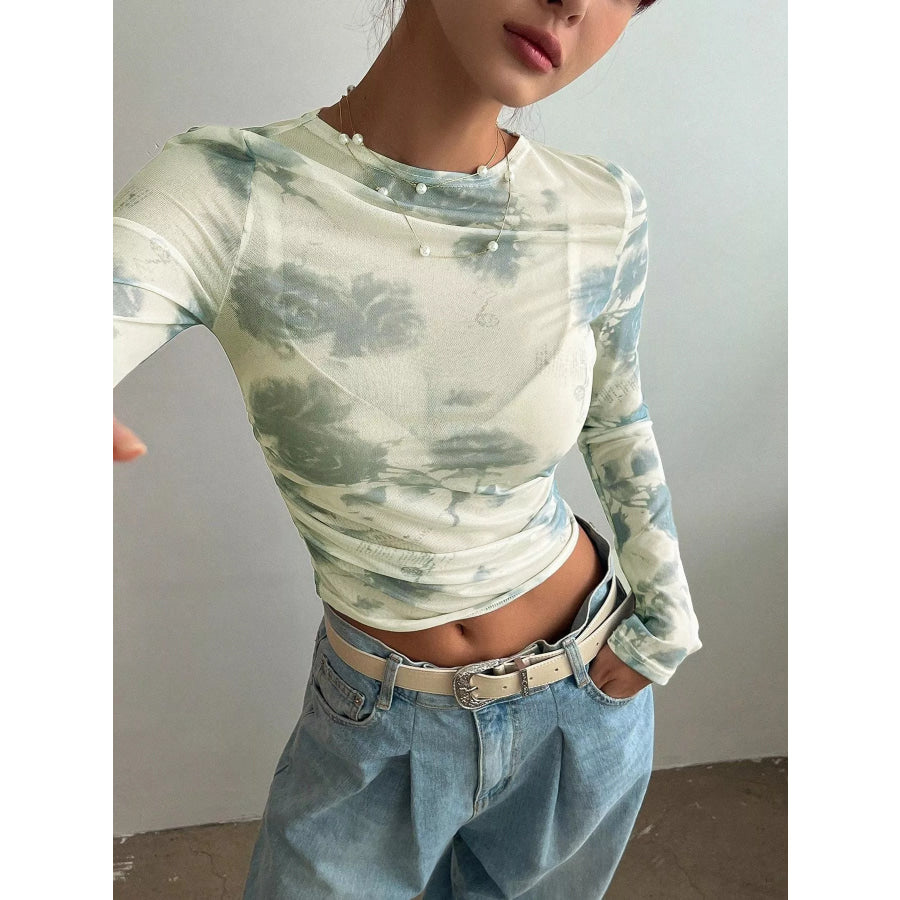 Floral Print Sheer Mesh Long Sleeve T-Shirt Apparel and Accessories