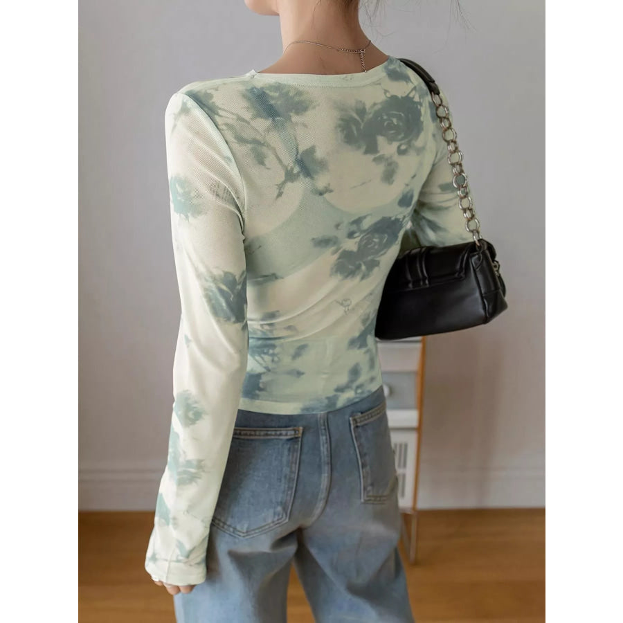 Floral Print Sheer Mesh Long Sleeve T-Shirt Apparel and Accessories