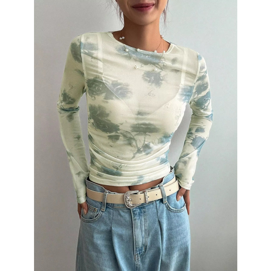 Floral Print Sheer Mesh Long Sleeve T-Shirt Green / S Apparel and Accessories