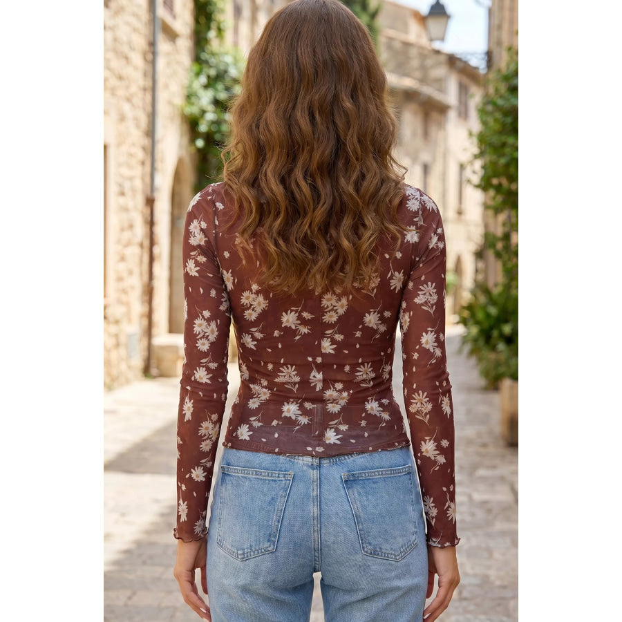 Floral Print Sheer Mesh Long Sleeve Top Apparel and Accessories