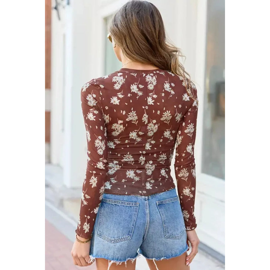 Floral Print Sheer Mesh Long Sleeve Top Apparel and Accessories