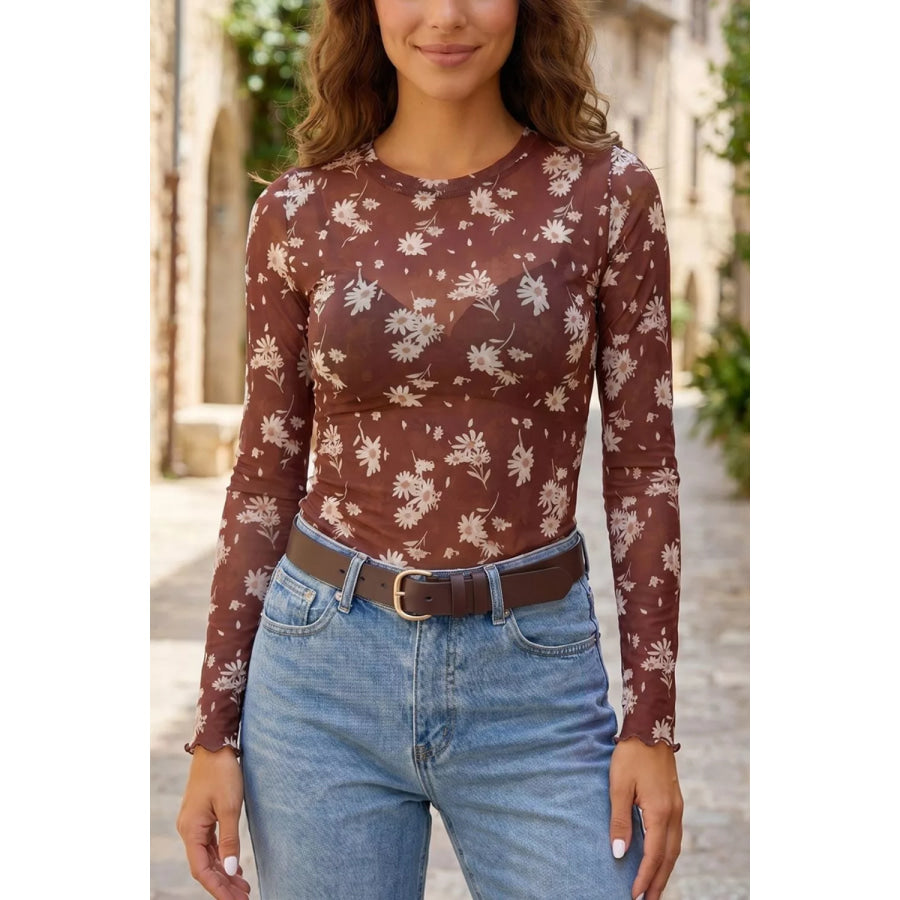 Floral Print Sheer Mesh Long Sleeve Top Brown / S Apparel and Accessories