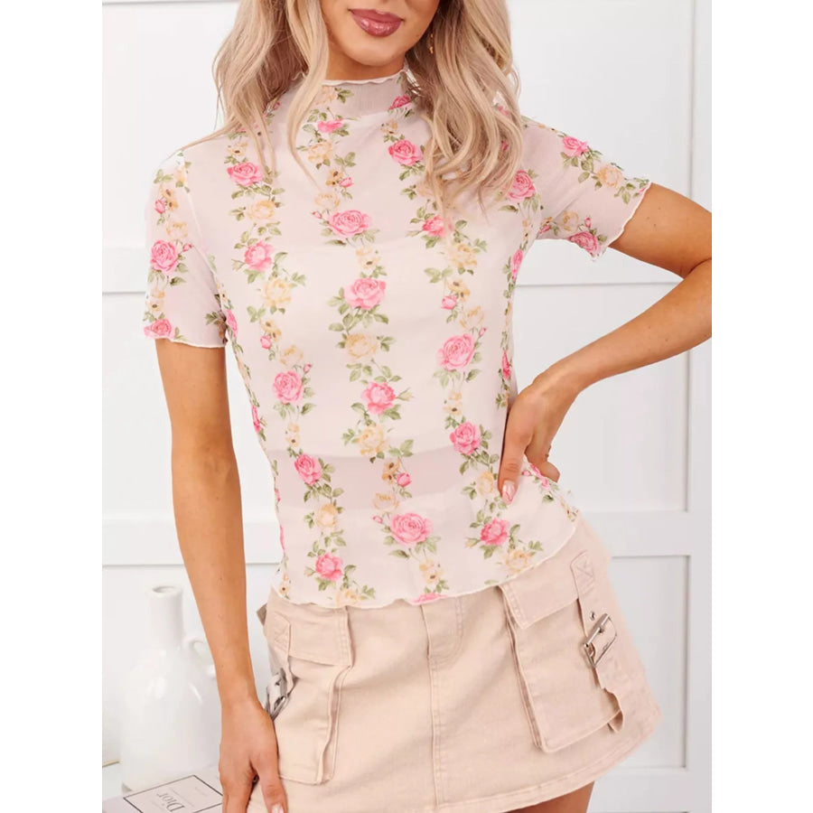 Floral Print Sheer Mesh Top Apricot / S Apparel and Accessories