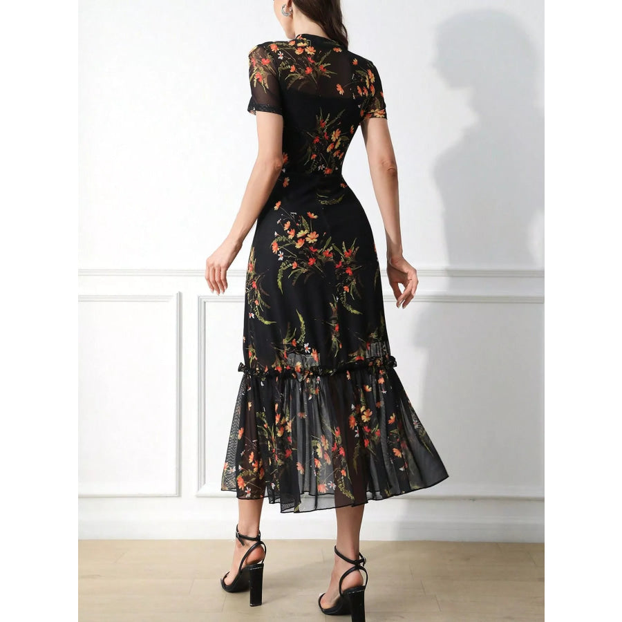 Floral Print Sheer Overlay Midi Dress with Ruffle Hem Apparel and Accessories