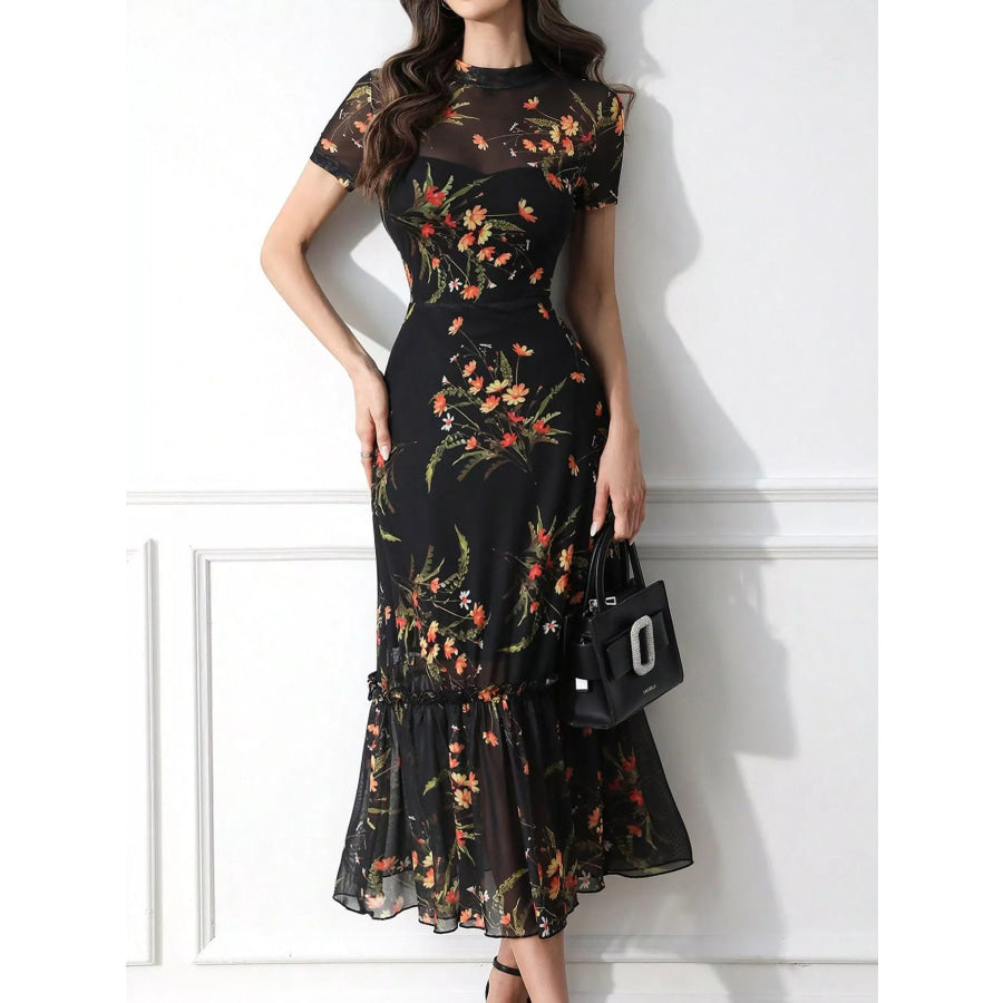 Floral Print Sheer Overlay Midi Dress with Ruffle Hem Apparel and Accessories