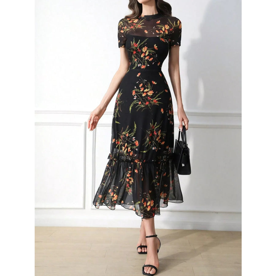 Floral Print Sheer Overlay Midi Dress with Ruffle Hem Apparel and Accessories