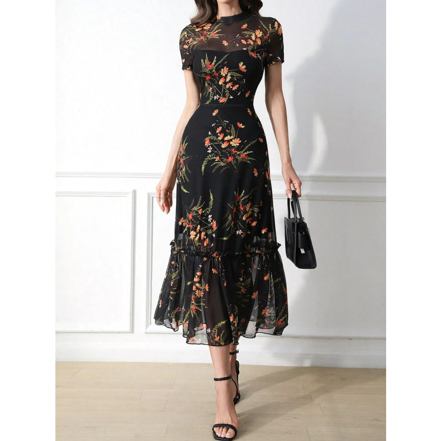 Floral Print Sheer Overlay Midi Dress with Ruffle Hem Apparel and Accessories