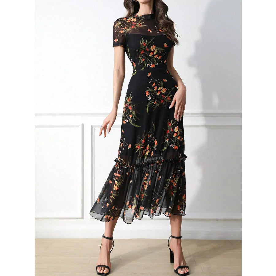 Floral Print Sheer Overlay Midi Dress with Ruffle Hem Black / S Apparel and Accessories