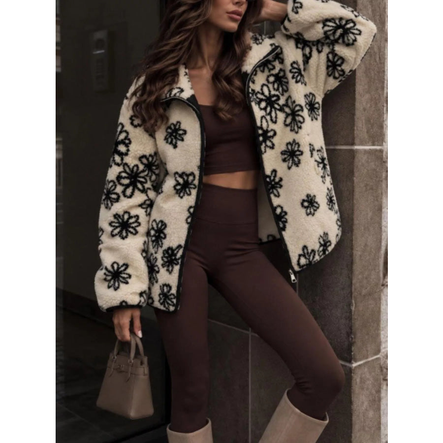 Floral Print Sherpa Zip-Up Outerwear Apparel and Accessories