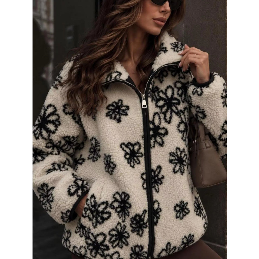 Floral Print Sherpa Zip-Up Outerwear Apparel and Accessories