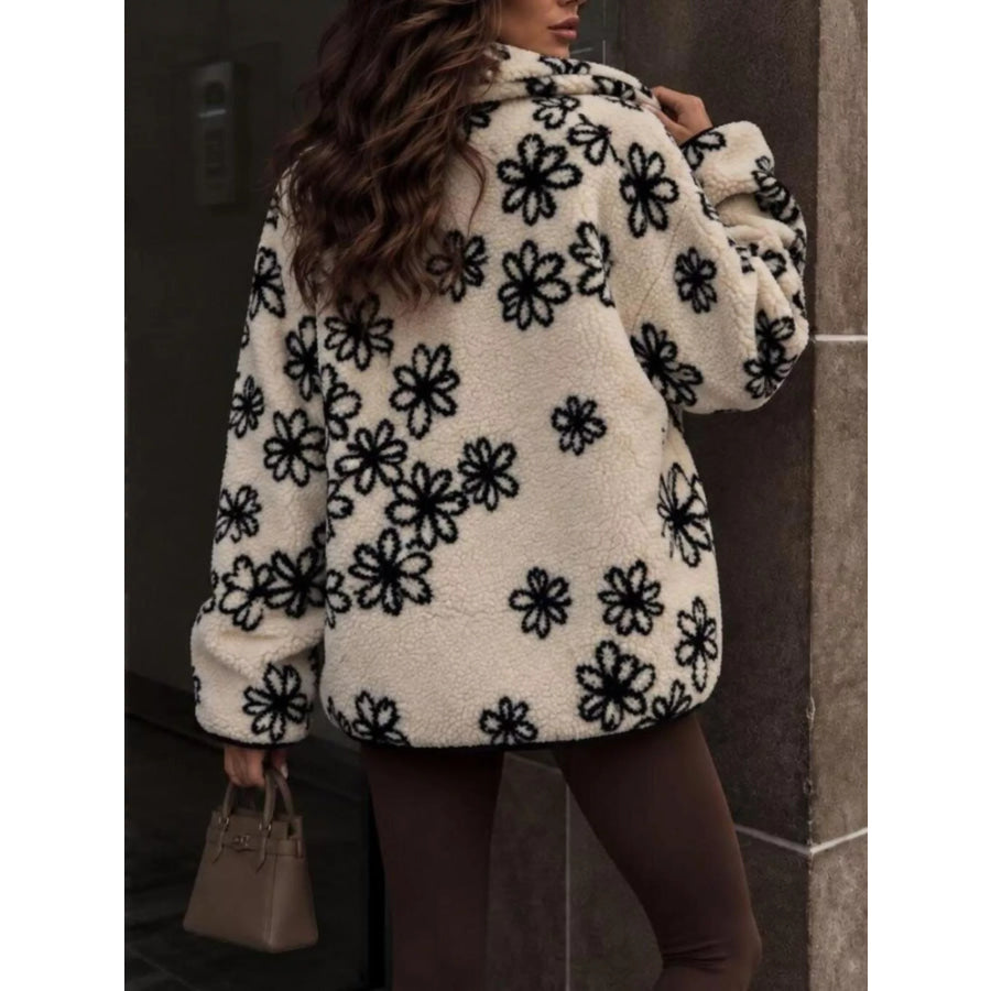 Floral Print Sherpa Zip-Up Outerwear Apparel and Accessories