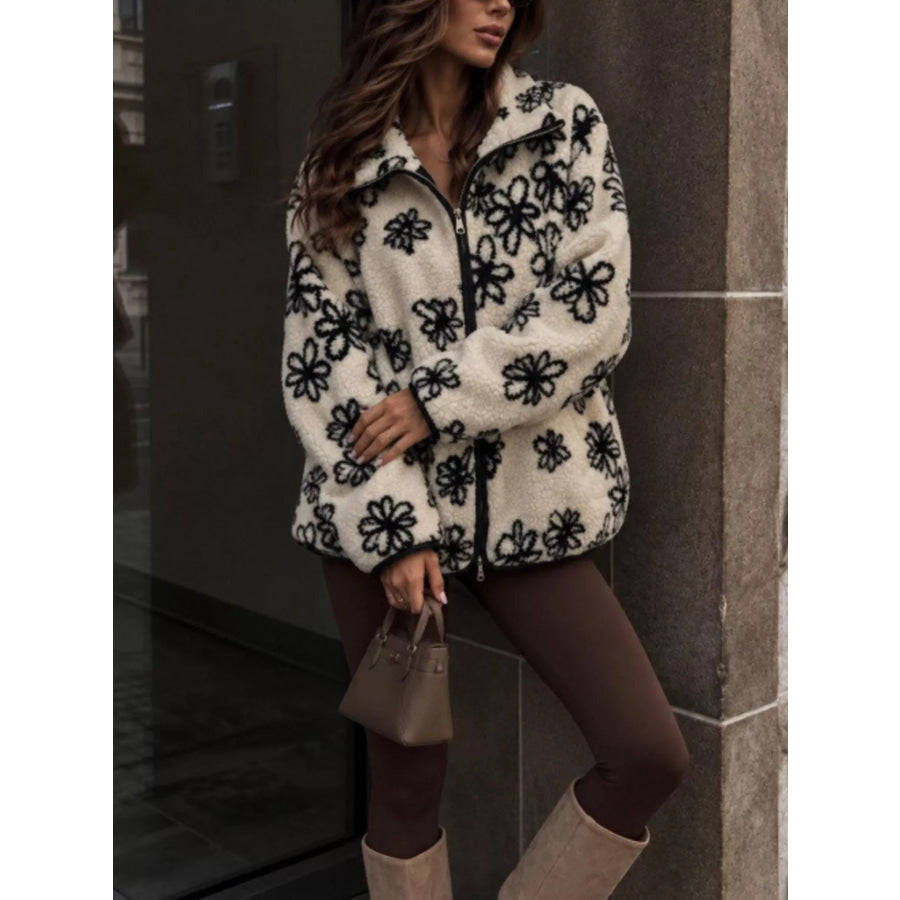 Floral Print Sherpa Zip-Up Outerwear White / S Apparel and Accessories