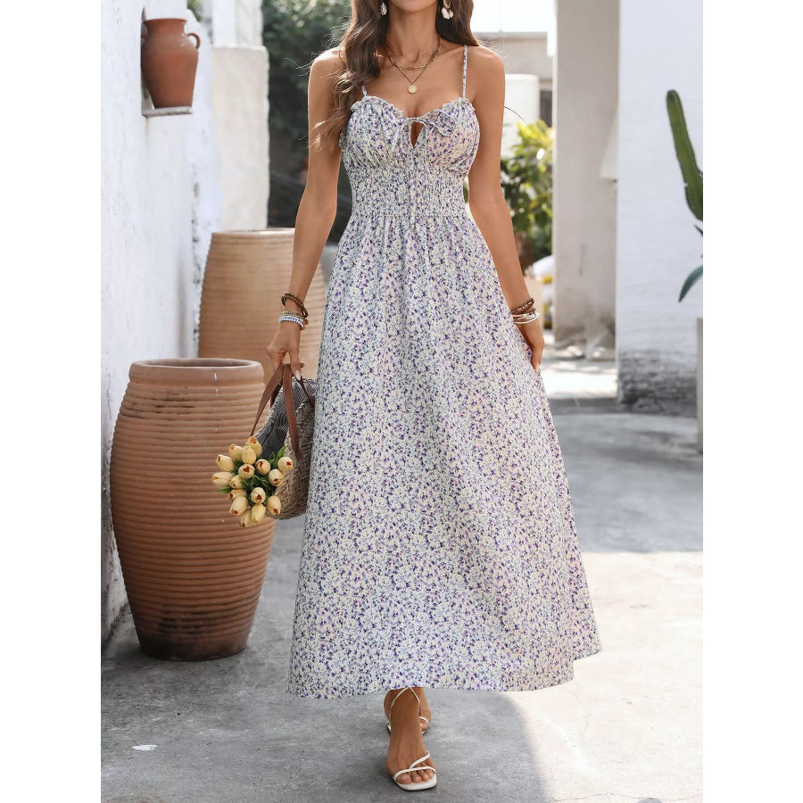 Floral Print Shirred Cami Maxi Dress Purple / S Apparel and Accessories