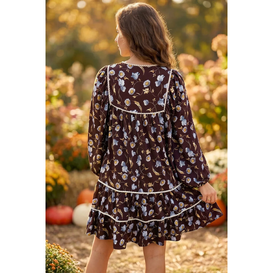 Floral Print Shirred V Neck Shift Dress Apparel and Accessories