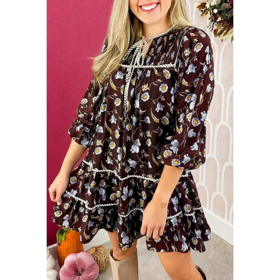 Floral Print Shirred V Neck Shift Dress Apparel and Accessories