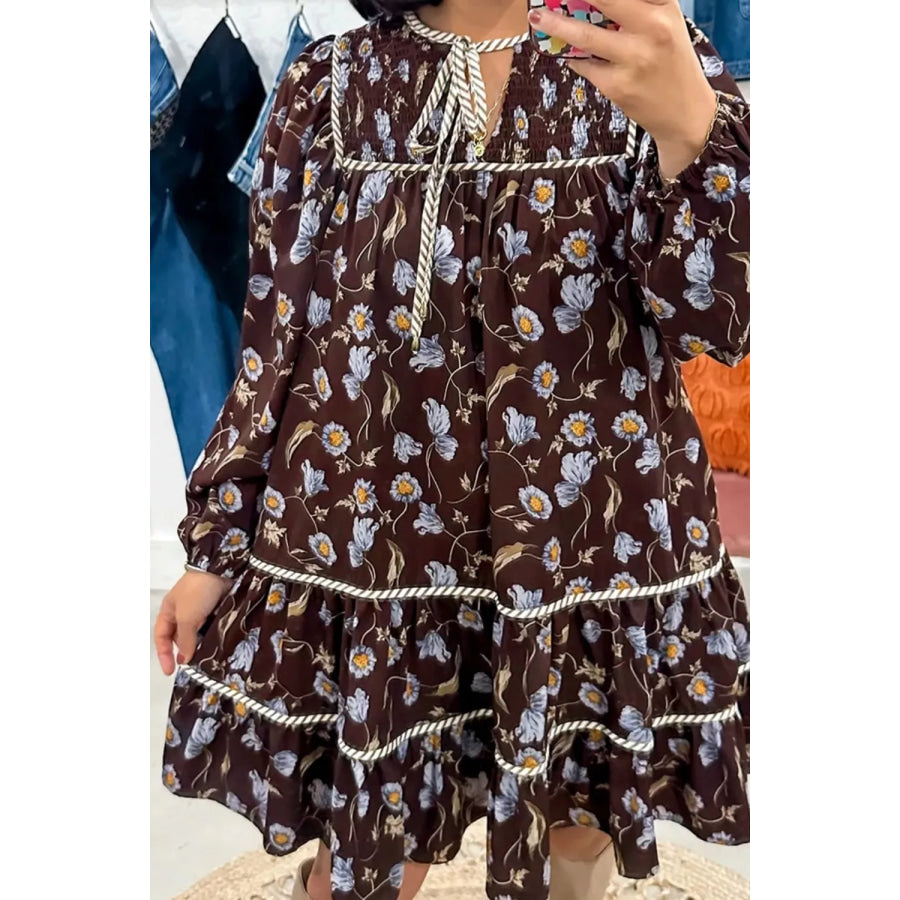 Floral Print Shirred V Neck Shift Dress Apparel and Accessories