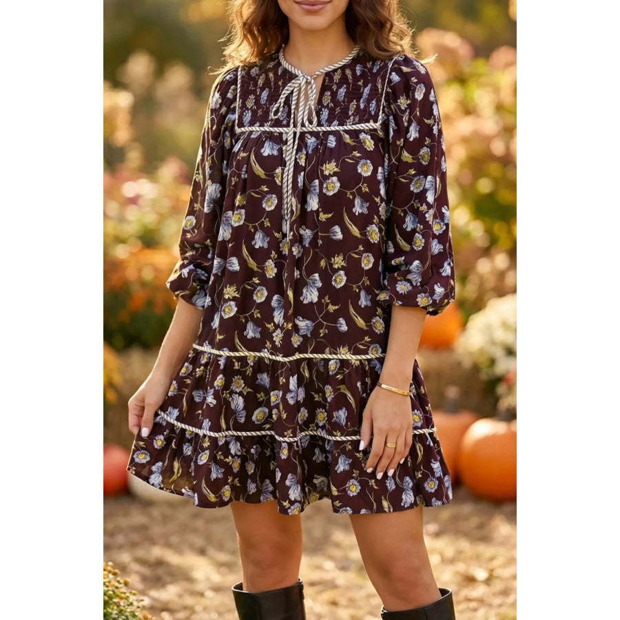 Floral Print Shirred V Neck Shift Dress Dark Brown / S Apparel and Accessories
